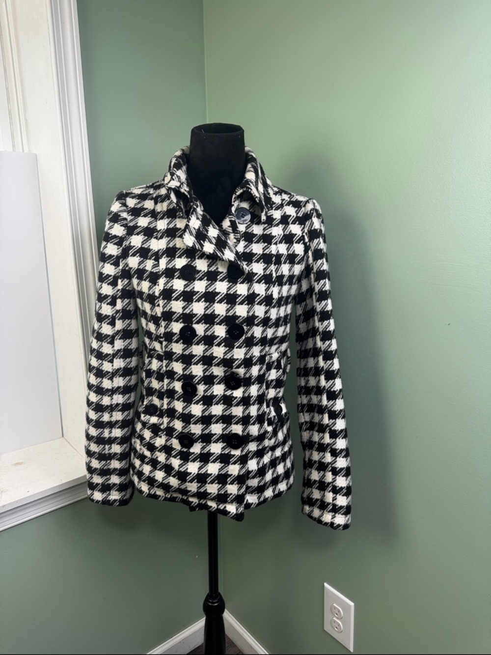 Neu look Blackw & White Houndstooth Double-Breasted Pea Coat medium